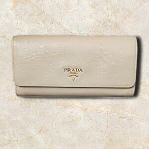 Prada Milano Saffiano Leather Logo Flap Snap Beige Long Continental Wallet